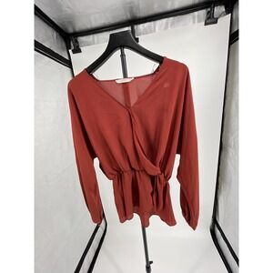 Lush Sheer Peplum Blouse Womens Medium Red‎ Boho V-Neck Elastic Cinched Waist